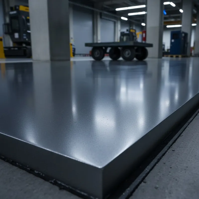 A dramatic, low-angle, close-up shot of an 'adamantine' industrial-grade floor. The surface should appear incredibly smooth, seamless, and exceptionally durable, with a subtle, deep sheen that reflects light. Show a hint of a heavy-duty environment, like a modern garage, a high-tech laboratory, or a commercial facility, emphasizing its strength and monolithic bond to the substrate. The texture should convey extreme resilience and chemical resistance. Style: photorealistic, cinematic lighting, with a focus on material texture and depth.