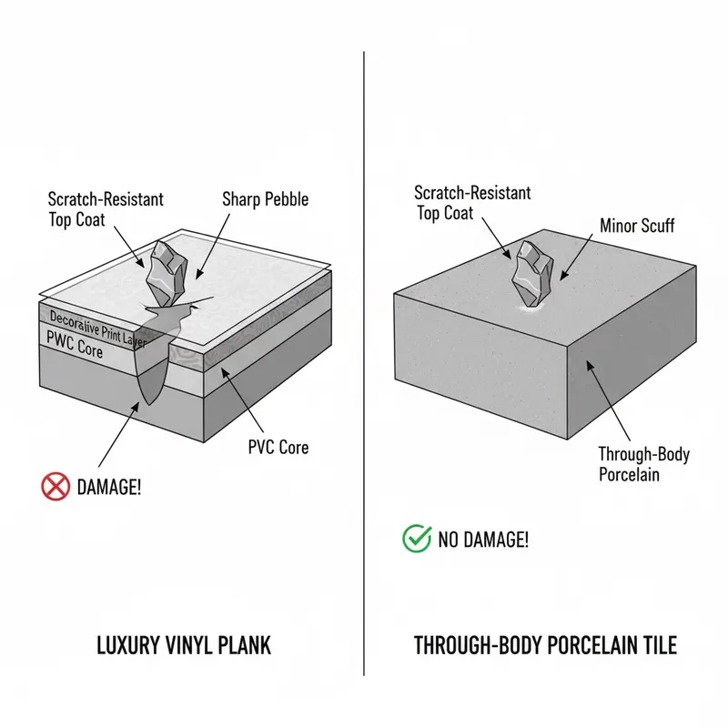 A split-screen illustration comparing the core durability of LVP (Luxury Vinyl Plank) versus through-body porcelain tile. LVP shows a thin wear layer easily gouged to reveal a soft core, while porcelain tile maintains uniform hardness throughout, resisting deep scratches.