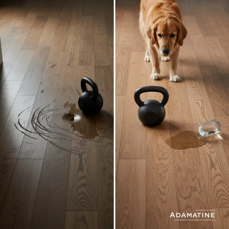 A dynamic side-by-side comparison. On the left, a traditional engineered hardwood floor with visible scratches from pet claws, a dent from a dropped object, and a water stain. On the right, an Adamantine floor, pristine and unblemished, with a similar pet (e.g., a dog) walking across it, a heavy object (e.g., a weight) resting on it without damage, and a spilled glass of water pooling harmlessly on its surface. The overall mood should be one of contrast: frustration on the left, peace of mind on the right.