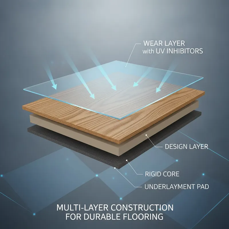 A 3D cross-section of a Luxury Vinyl Plank showing its multi-layer construction, with the top wear layer deflecting UV rays to protect the design layer below.