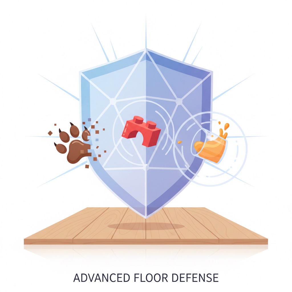 An illustration of a transparent shield deflecting a dog's paw, a toy block, and a spilled drink from a laminate floor, symbolizing advanced protection.