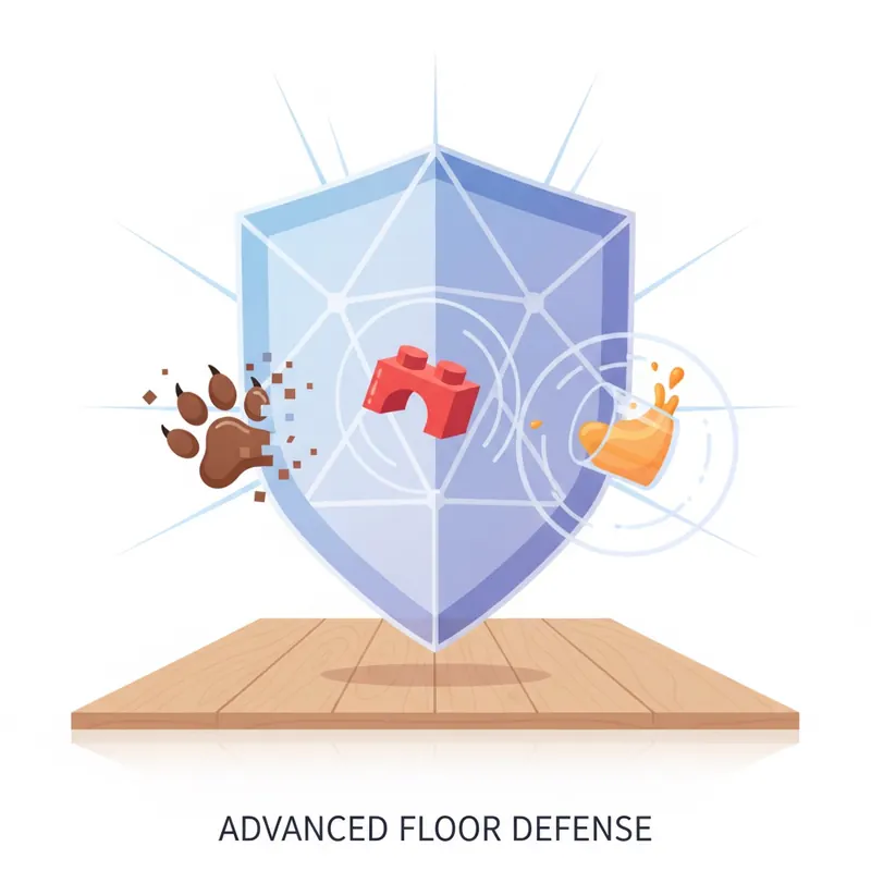 An illustration of a transparent shield deflecting a dog's paw, a toy block, and a spilled drink from a laminate floor, symbolizing advanced protection.