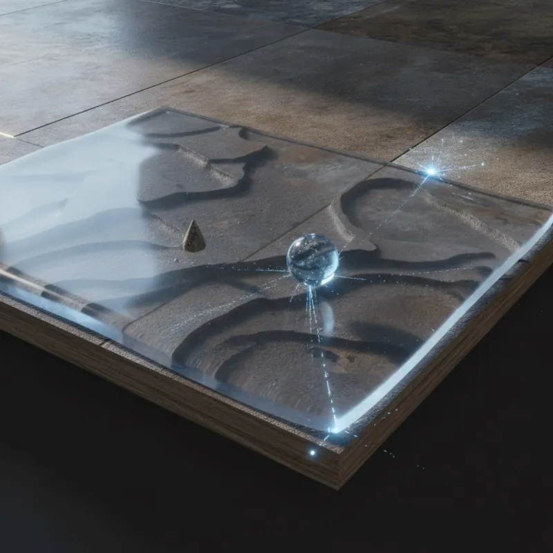 A 3D cross-section of flooring showing a clear sealant being applied, creating a protective shield that repels grit and liquid.