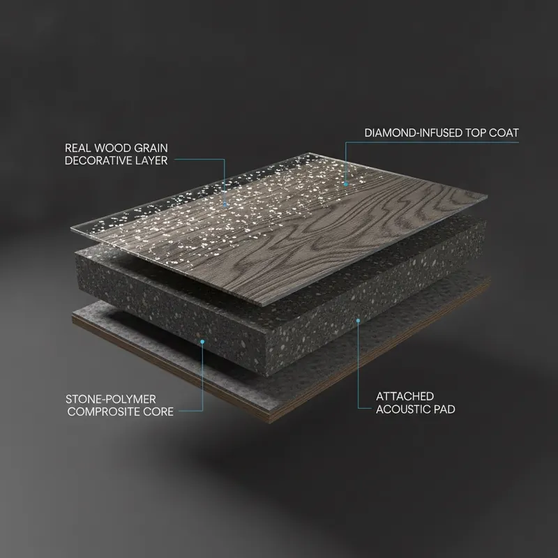 A sleek, 3D cutaway render of a single 'Adamantine' flooring plank, floating against a dark, minimalist background. The layers are clearly visible and distinct: a shimmering, diamond-infused top coat, a hyper-realistic wood grain decorative layer, a dense stone-polymer composite core, and an attached acoustic pad. The lighting is dramatic, highlighting the high-tech construction. Style: 3D render, technical, premium, macro shot.