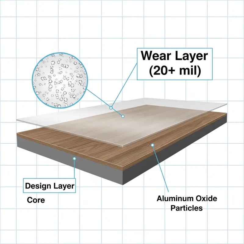 A detailed, cutaway infographic-style illustration of a flooring plank. Clearly show multiple layers: the core, the design layer, and a prominent, thicker top wear layer. Zoom in microscopically on the wear layer to show tiny, sparkling aluminum oxide particles embedded within a clear protective coating, acting as an armor. Use labels or callouts for 'Wear Layer (20+ mil)' and 'Aluminum Oxide Particles.' Style: clean, technical illustration, bright, informative, 3D render feel for the layers.