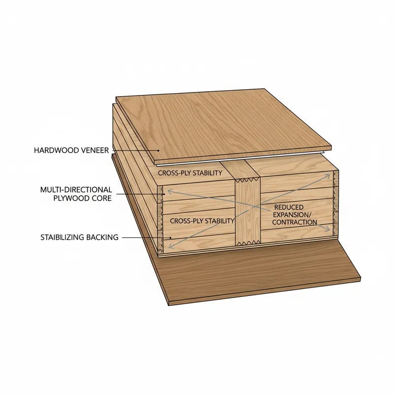 A detailed cross-section diagram of an engineered wood flooring plank. Clearly show three distinct layers: a thin top veneer of real hardwood, a thick multi-directional plywood core with grain lines running perpendicular in alternating layers, and a stabilizing backing layer. Include subtle arrows or text indicating the cross-ply construction's resistance to expansion/contraction.