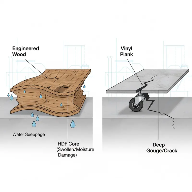 A detailed, illustrative cross-section of two damaged flooring types. On the left, an engineered wood floor with an HDF core visibly swollen and cupped due to moisture absorption, with water droplets seeping in. On the right, a traditional vinyl plank floor with a deep, sharp gouge and crack caused by a small, hard caster wheel applying an angled point load. The background should be a subtle, technical blueprint style.