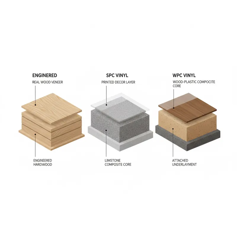 A 3D technical illustration showing a cross-section of Engineered Hardwood, SPC Vinyl, and WPC Vinyl flooring cores, with each layer clearly labeled.