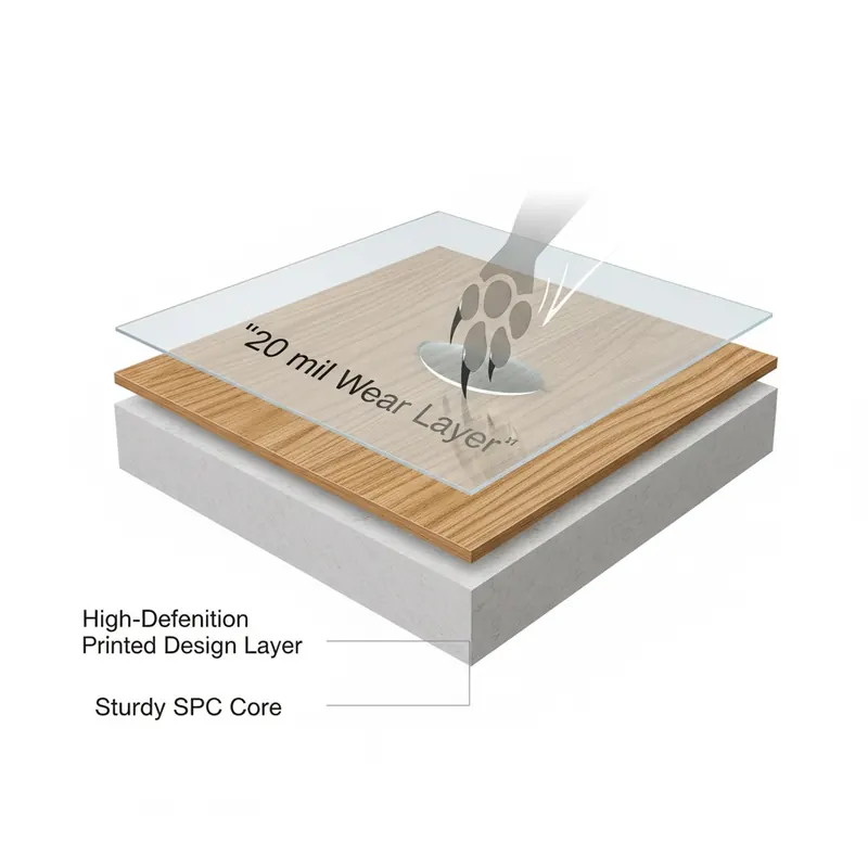A 3D cross-section diagram of a Luxury Vinyl Plank, showing the SPC core, printed design layer, and a thick 20 mil wear layer deflecting a scratch.