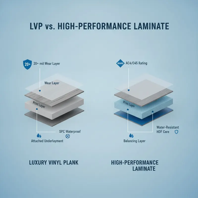 Infographic showing a cross-section of durable flooring, highlighting the wear layer, waterproof core, and AC rating.
