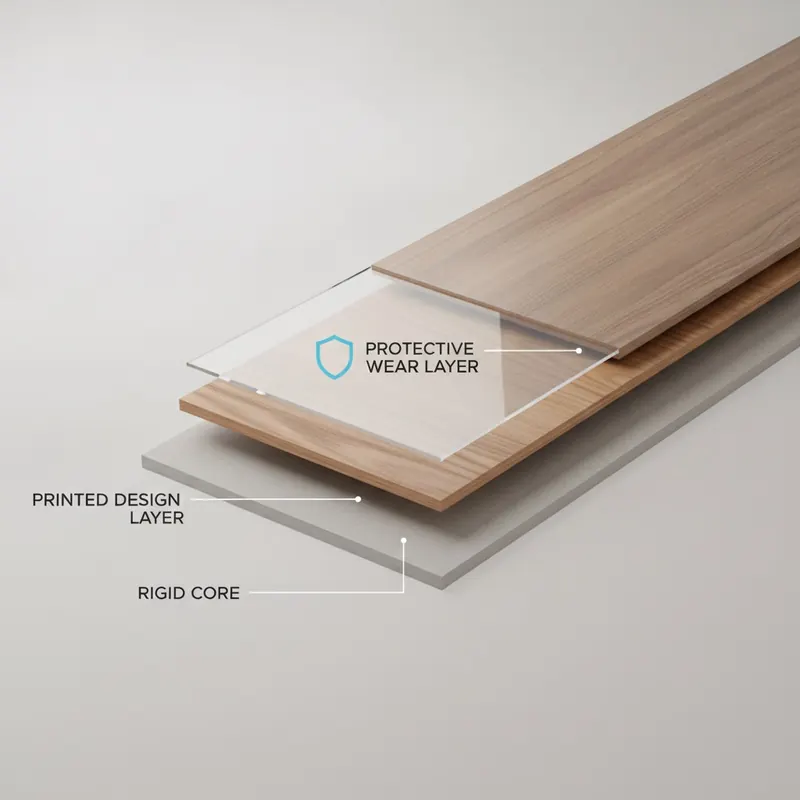 3D cutaway diagram of a durable LVP flooring plank showing its layers: Protective Wear Layer, Printed Design Layer, and Rigid Core.