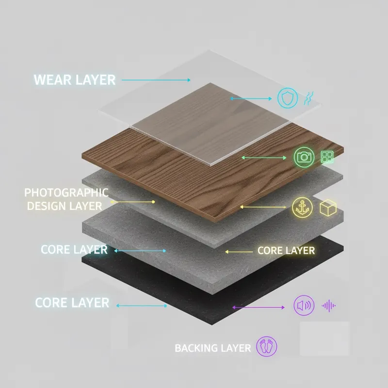 A 3D cutaway illustration of a luxury vinyl plank showing its layers: Wear Layer, Photographic Design Layer, Core Layer, and Backing Layer, to explain its durability.