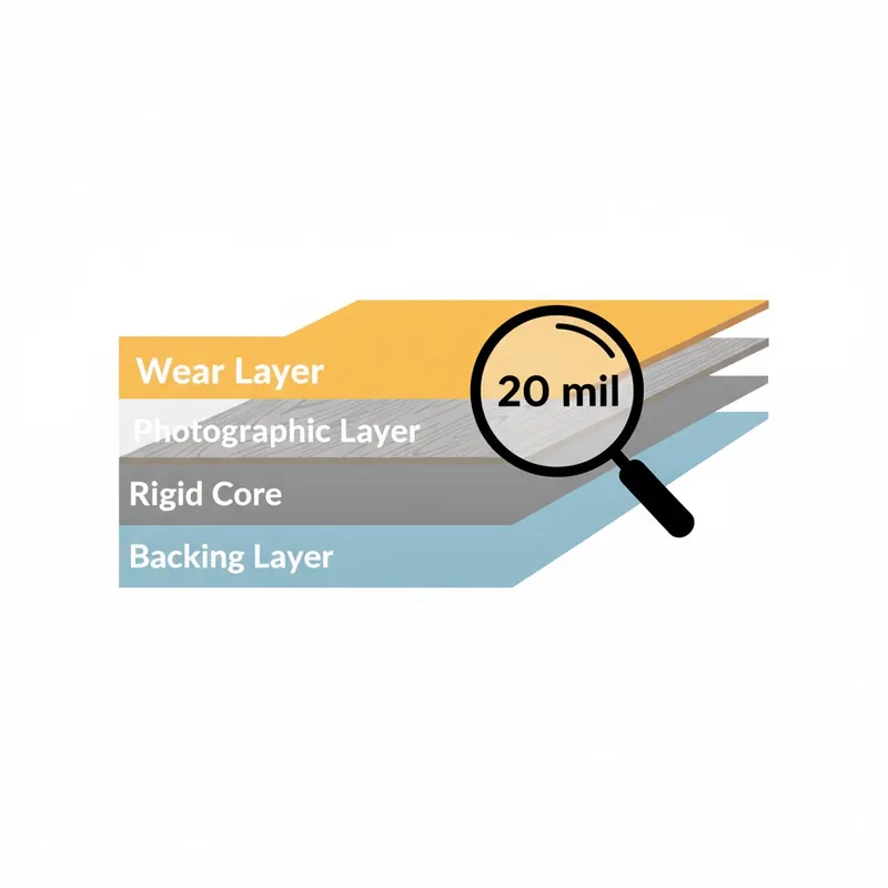 An infographic showing a cross-section of a durable flooring plank, with each layer labeled including a highlighted 20 mil wear layer under a magnifying glass.