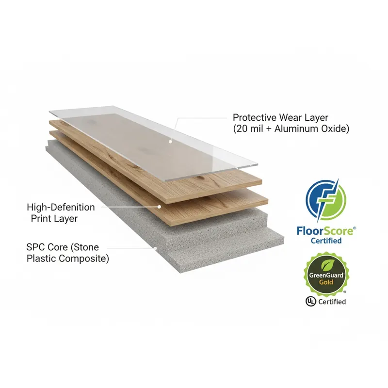 A detailed cross-section of a durable floor plank showing its layers: a Protective Wear Layer with Aluminum Oxide, a High-Definition Print Layer, and an SPC Core. Logos for FloorScore Certified and GreenGuard Gold are displayed next to it.