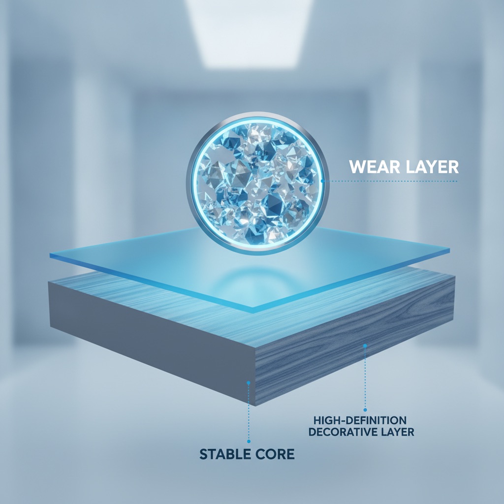 A 3D cross-section of a Luxury Vinyl Plank showing its layers, with a magnifying glass focused on the tough, transparent wear layer.