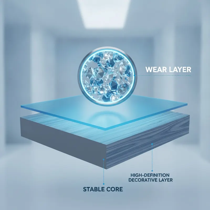 A 3D cross-section of a Luxury Vinyl Plank showing its layers, with a magnifying glass focused on the tough, transparent wear layer.