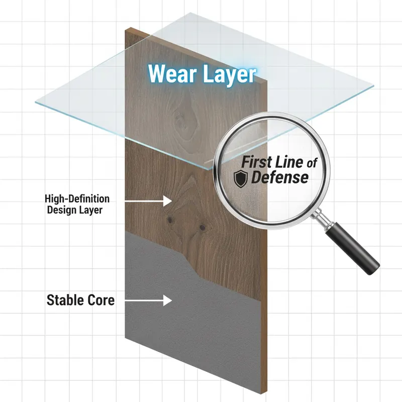 A 3D cross-section diagram of a Luxury Vinyl Plank (LVP). The diagram clearly labels the different layers: a stable core, a high-definition design layer showing a realistic wood grain, and a thick, transparent 'Wear Layer' on top, highlighted with a protective glow. A magnifying glass element is focused on the wear layer, emphasizing its importance as the 'first line of defense'.