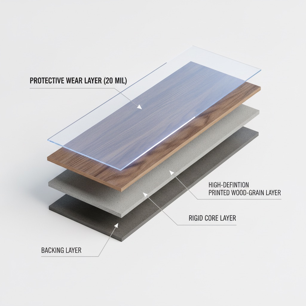 A 3D cutaway illustration of a luxury vinyl plank showing its layers, with a highlighted protective wear layer.