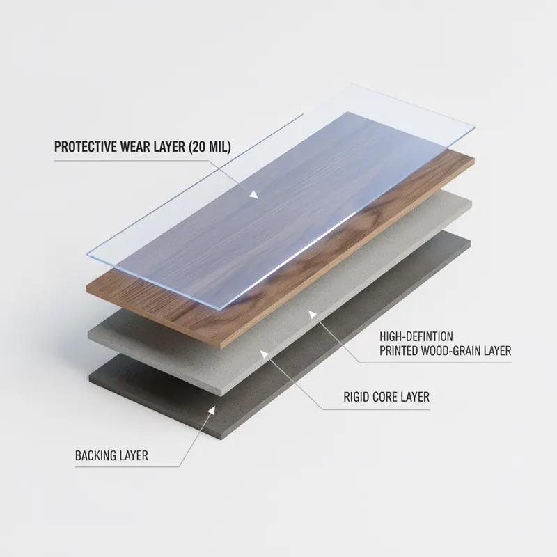 A 3D cutaway illustration of a luxury vinyl plank showing its layers, with a highlighted protective wear layer.