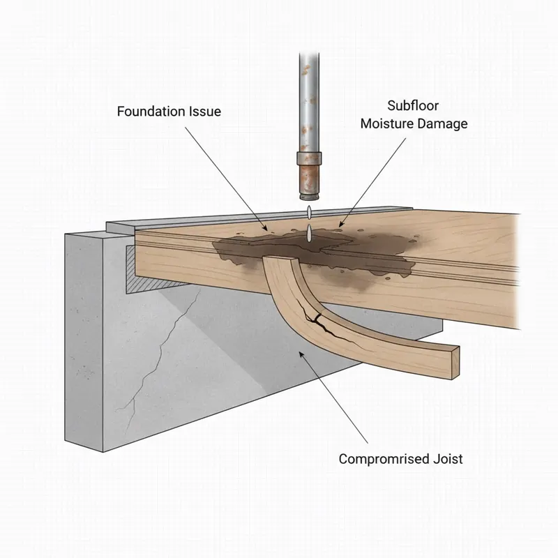 A 3D cutaway illustration showing the causes of a sagging floor, including a compromised joist, subfloor moisture damage, and a foundation issue.