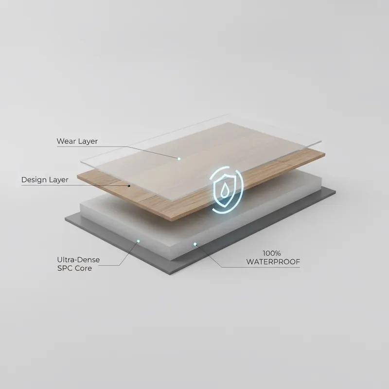 A clean, modern 3D cutaway illustration of a waterproof flooring plank. The image clearly shows and labels the distinct layers: a tough transparent 'Wear Layer', a high-resolution 'Design Layer', the thick and solid 'Ultra-Dense SPC Core', and a 'Backing Layer'. A stylized, glowing blue shield icon is positioned over the SPC core to emphasize its 100% waterproof nature. Style: technical, minimalist, on a light grey background.