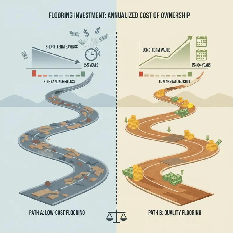 Infographic comparing two flooring investment paths: one with high initial cost but low annualized cost (e.g., hardwood) and another with low initial cost but high annualized cost (e.g., carpet).