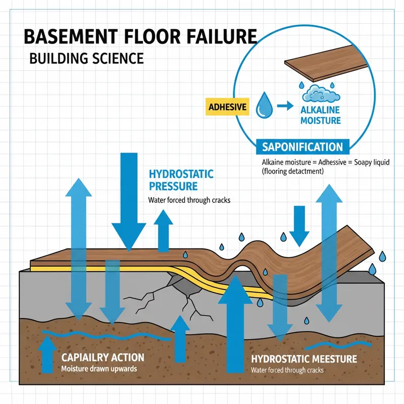 Detailed infographic showing capillary action, hydrostatic pressure, and saponification causing basement floor failure.