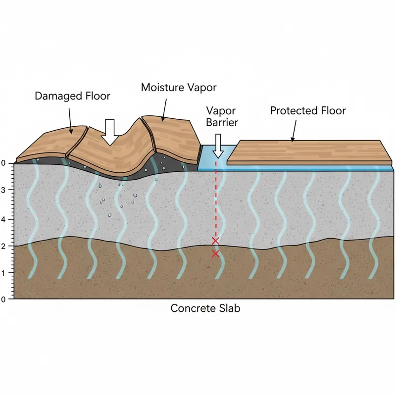 A technical cross-section diagram showing moisture rising through a concrete slab and damaging flooring, contrasted with a vapor barrier effectively blocking moisture and protecting the floor.