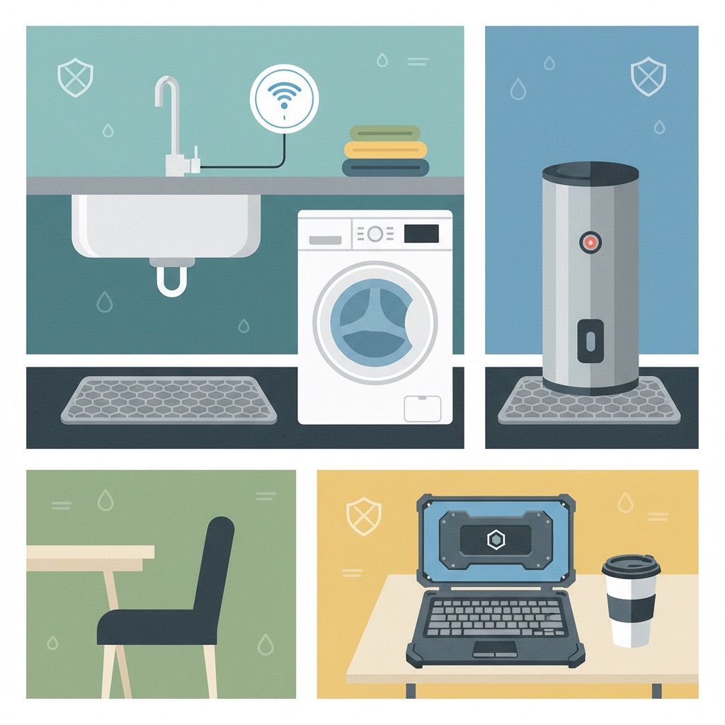 An illustration of a modern home environment with proactive liquid damage defense, showing a smart leak detector, a protective silicone mat, and a ruggedized laptop with a secure travel mug.