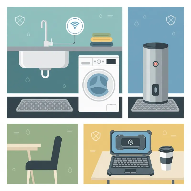 An illustration of a modern home environment with proactive liquid damage defense, showing a smart leak detector, a protective silicone mat, and a ruggedized laptop with a secure travel mug.