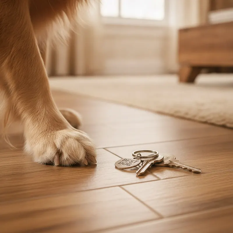 A close-up of a durable floor with a dog's paw and metal keys on it, showing no scratches or damage.