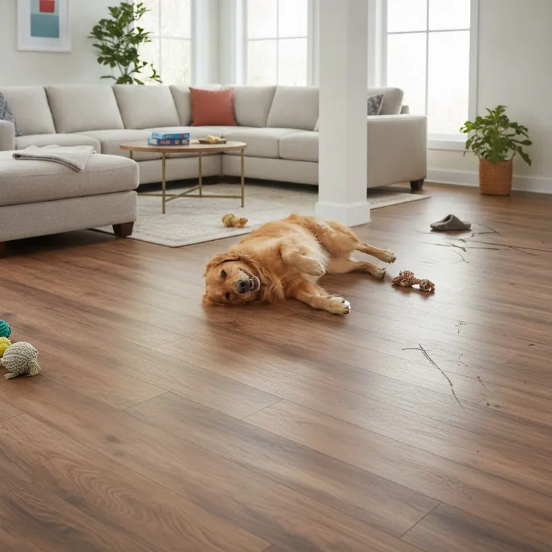 A vibrant, photorealistic scene inside a modern family living room. A happy golden retriever is playing on a durable Luxury Vinyl Plank (LVP) floor, which shows no scratches. In the background, subtly out of focus, you can see a section of traditional hardwood flooring that has visible scratches and scuffs, creating a clear visual comparison of durability. The lighting is bright and natural, emphasizing the resilience and beauty of the LVP floor in a high-traffic, pet-friendly home.