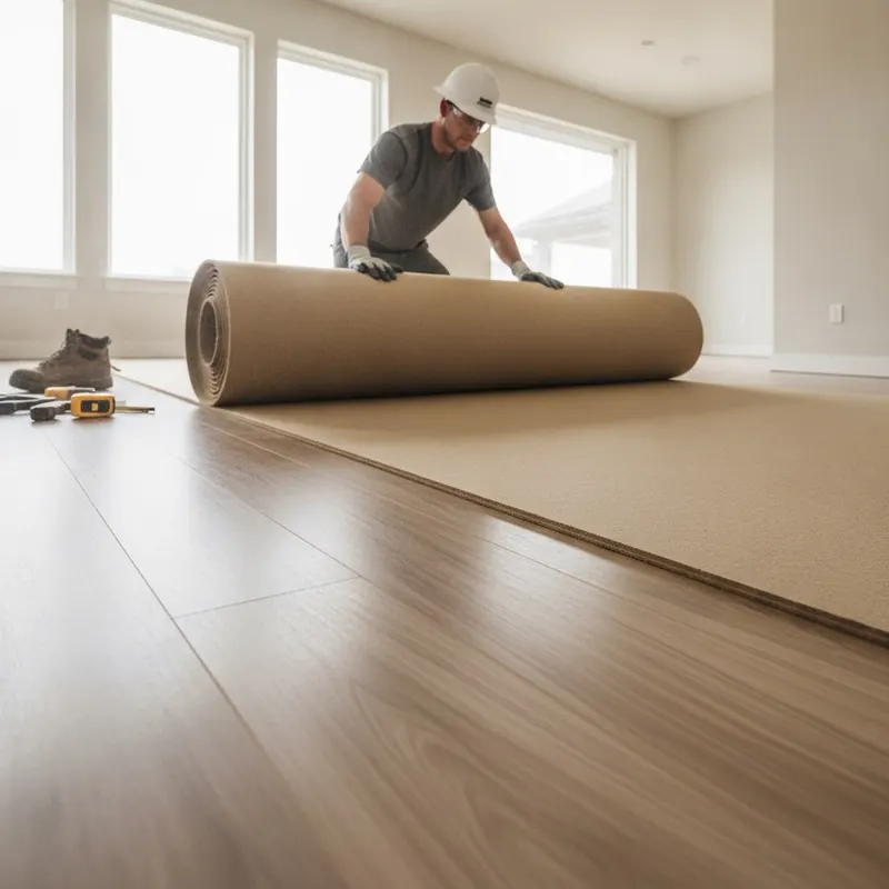 A low-angle, photorealistic shot of a construction worker meticulously rolling out a large sheet of heavy-duty fiberboard (like Ram Board) over a beautiful, new luxury vinyl tile floor. The lighting is bright and clean, emphasizing the protective nature of the thick board as it creates a shield. The image captures a sense of professionalism and care, with the focus on the 'armor' being applied.