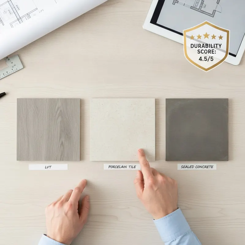 A top-down view of a person choosing a porcelain tile sample from a selection of durable flooring options, with a scorecard graphic overlaid.