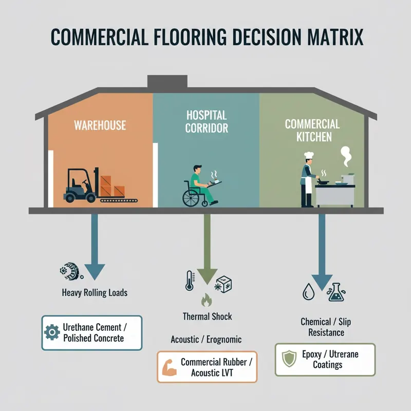 Infographic-style illustration depicting a decision matrix for commercial flooring based on facility zones and hazards, matching them to appropriate flooring types.