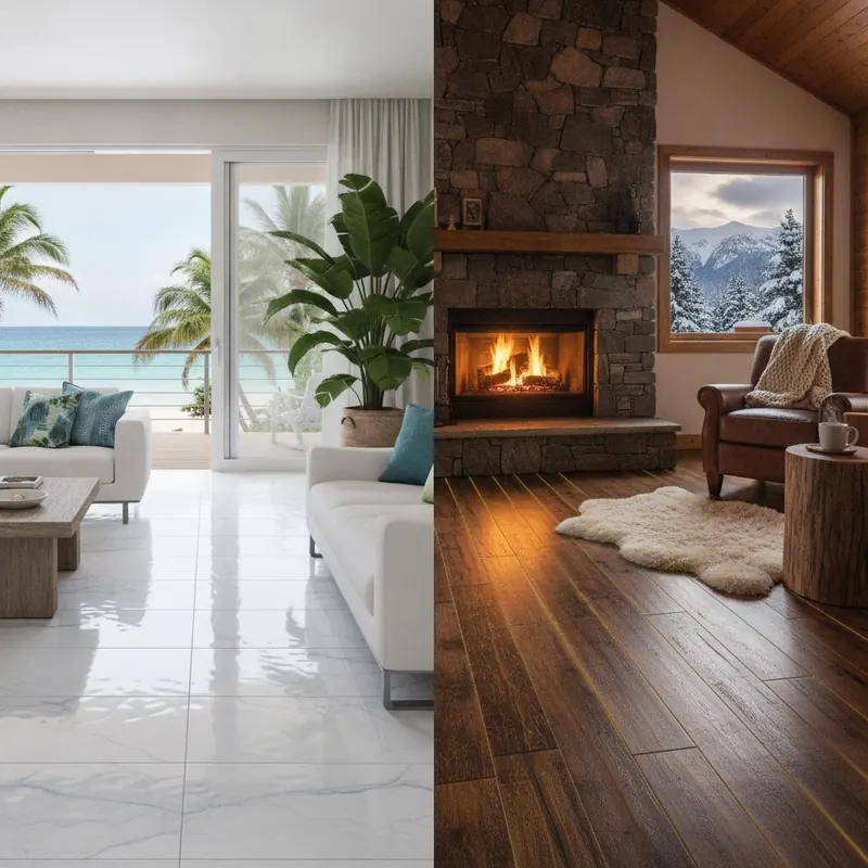 A split-screen image showing porcelain tile in a humid, coastal home on the left, and engineered hardwood with radiant heat in a snowy, mountain home on the right.