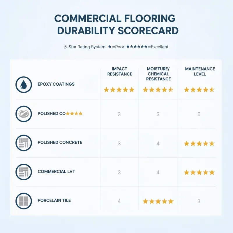 Infographic: Commercial Flooring Durability Scorecard rating Epoxy, Polished Concrete, LVT, and Porcelain Tile on impact resistance, scratch resistance, and maintenance.