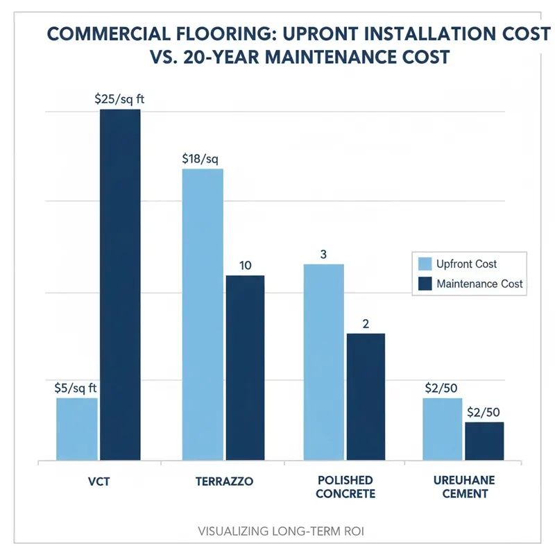 Comparative bar chart showing upfront installation cost versus 20-year maintenance cost for VCT, Terrazzo, Polished Concrete, and Urethane Cement, highlighting long-term ROI.