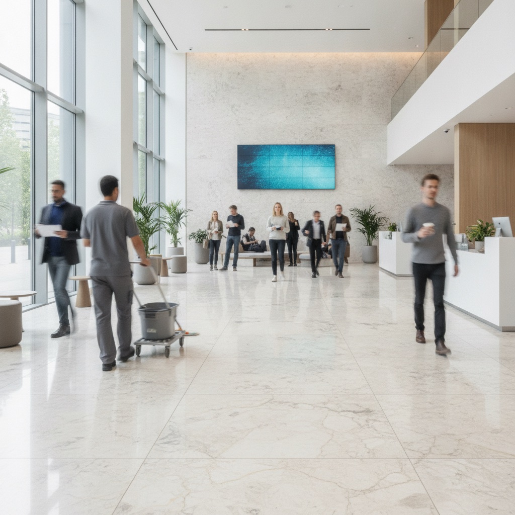 A modern commercial space with a stylish stone-look floor that remains pristine despite heavy foot traffic, demonstrating its suitability for high-performance commercial use.