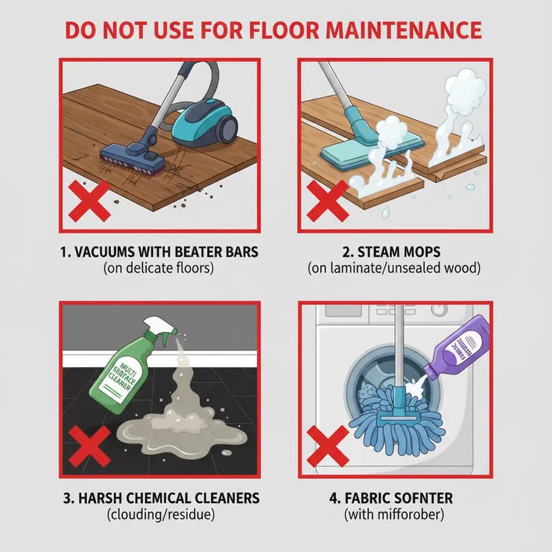 A clear, cautionary infographic illustrating the 'Do Not Use' list for floor maintenance. Four distinct panels, each with a prominent red 'X' over the harmful item: 1) A vacuum with active beater bars scratching a hardwood or LVP floor. 2) A steam mop releasing high-pressure steam onto a swelling laminate plank. 3) A bottle of generic 'multi-surface cleaner' leaving a cloudy, sticky residue on a floor. 4) A microfiber mop head being washed with a bottle of fabric softener.