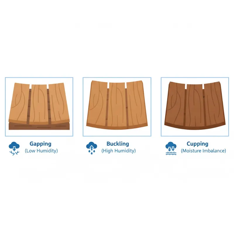 An infographic illustrating three common flooring problems: Gapping due to low humidity, Buckling from high humidity, and Cupping from moisture imbalance.