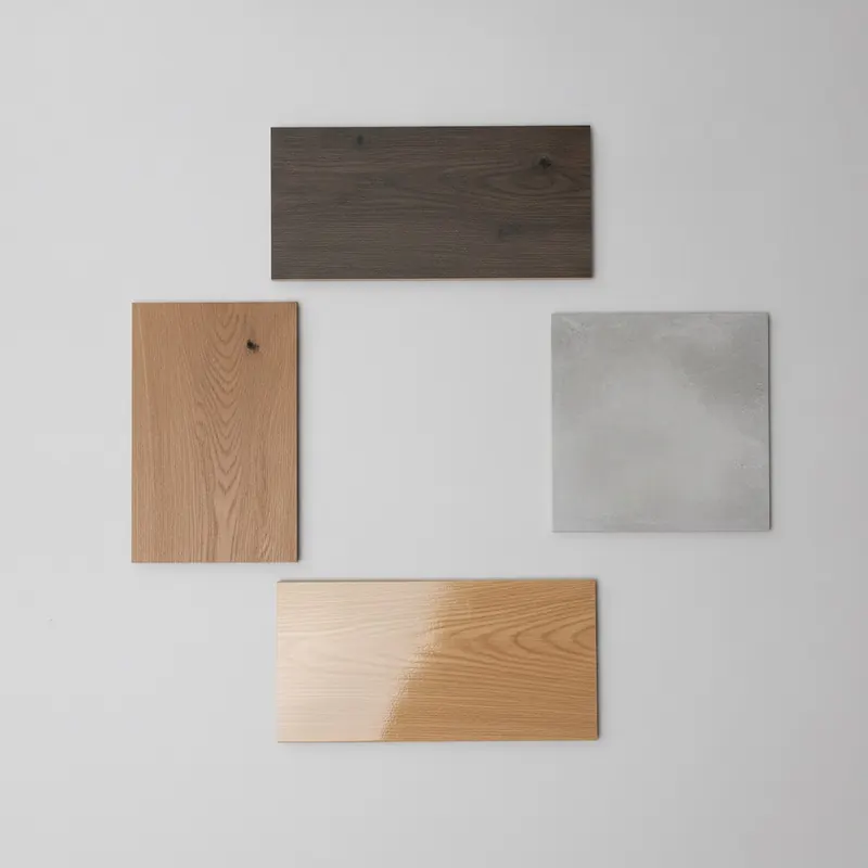 A top-down view of flooring samples: luxury vinyl plank, porcelain tile, AC5 laminate, and engineered hardwood, showcasing their different textures.