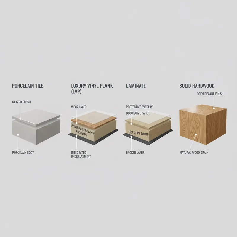 A 3D render showing cross-sections of four durable flooring types: porcelain tile, LVP, laminate, and solid hardwood, highlighting their distinct layers.