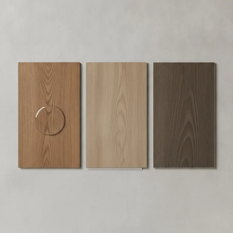 Side-by-side comparison of three rental flooring options: waterproof Luxury Vinyl Plank, high-durability laminate, and wood-look porcelain tile.