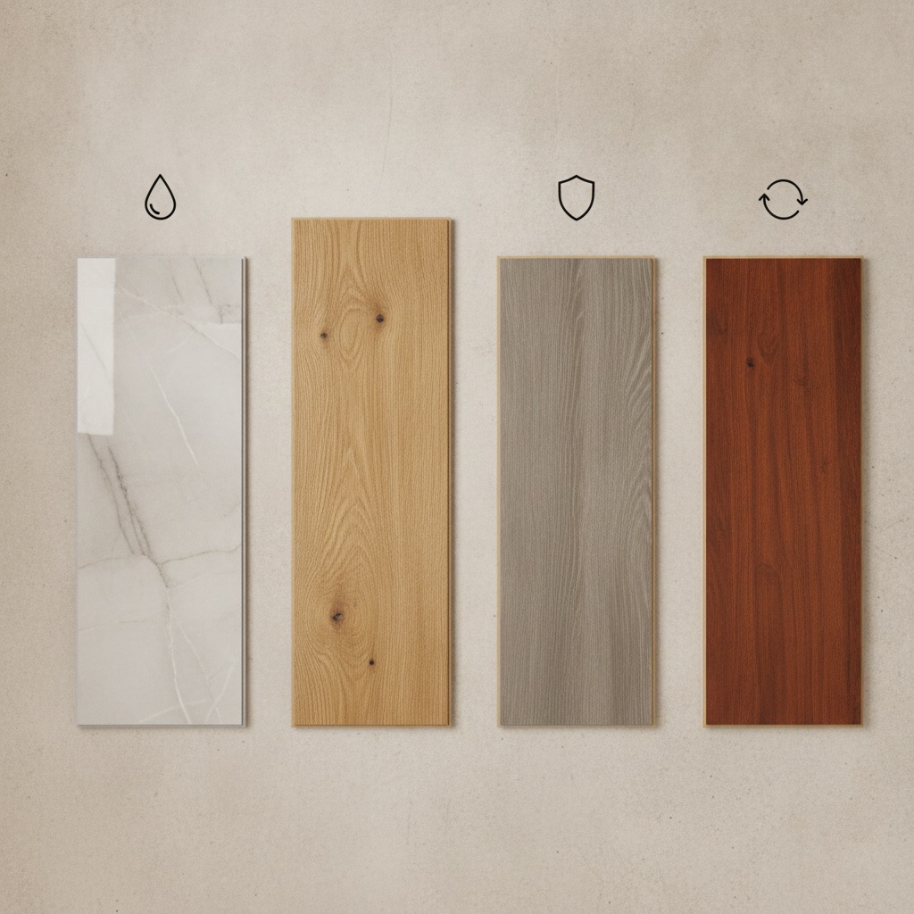 A top-down view of four flooring samples: porcelain tile, luxury vinyl plank, laminate, and solid hardwood, arranged for comparison.