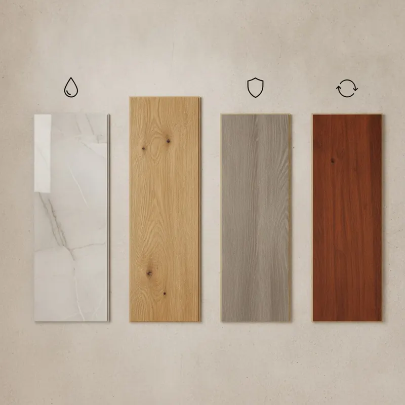 A top-down view of four flooring samples: porcelain tile, luxury vinyl plank, laminate, and solid hardwood, arranged for comparison.