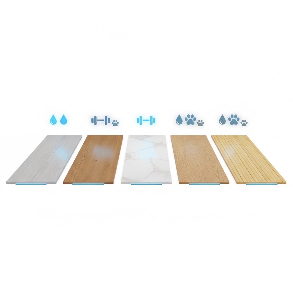 A 3D render comparing five durable flooring types—vinyl, laminate, tile, hardwood, and bamboo—with icons for water, impact, and scratch resistance.