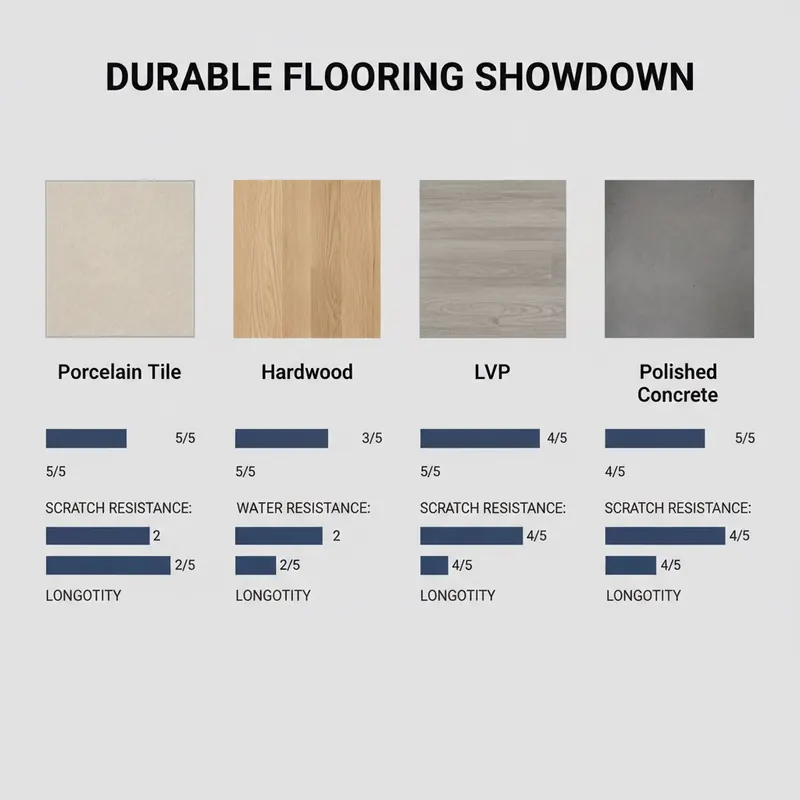 Infographic comparing durable flooring options: Porcelain Tile, Hardwood, LVP, and Polished Concrete, with ratings for scratch resistance, water resistance, and longevity.