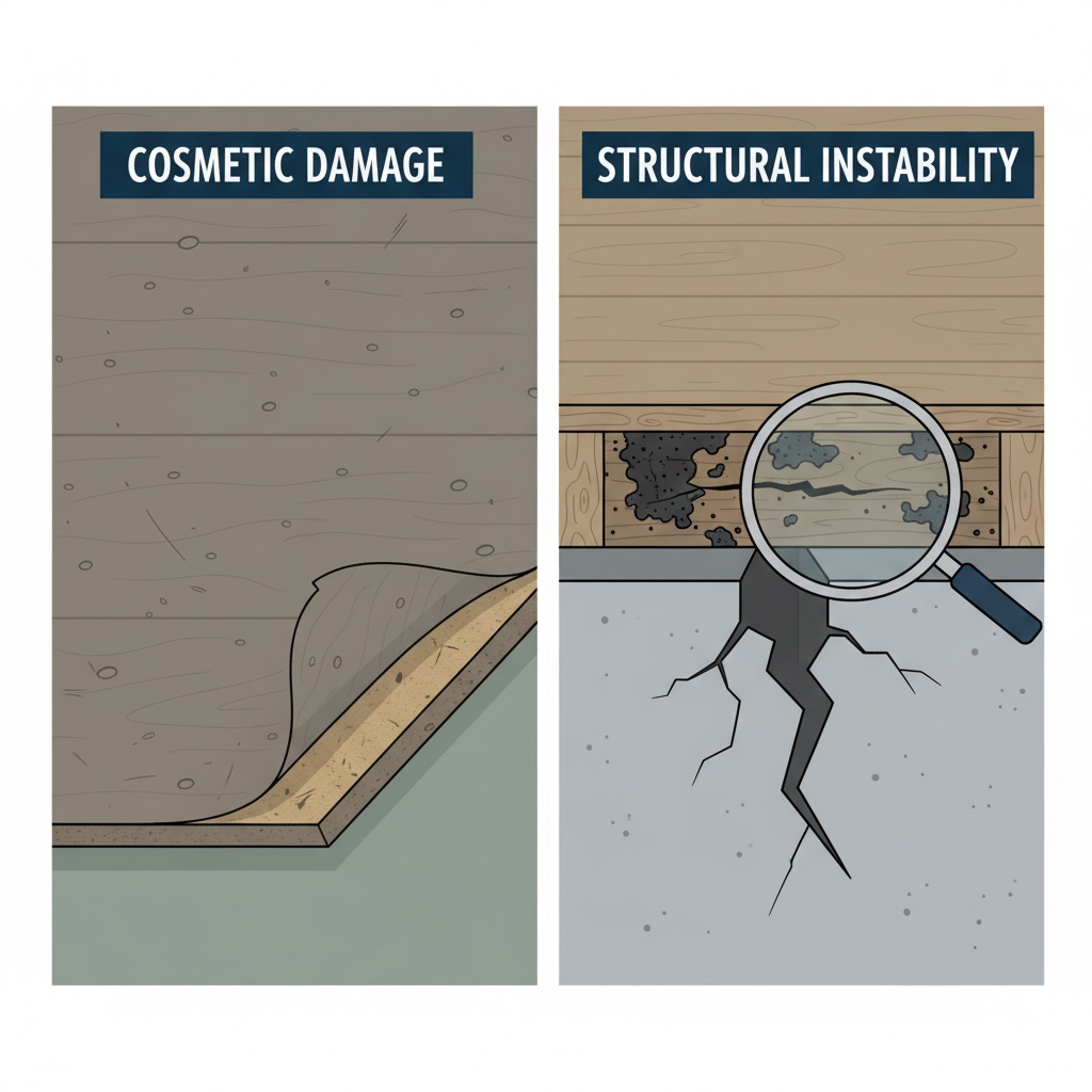 A split-view illustration of a home floor. On the left, a close-up of a floor surface with minor scratches, dents, and a peeling laminate edge, with a label 'Cosmetic Damage'. On the right, a cross-section view revealing a floor joist with visible moisture damage and wood rot, or a concrete slab with a prominent crack and unevenness, with a label 'Structural Instability'. A magnifying glass hovers over the structural side, emphasizing the hidden issues.