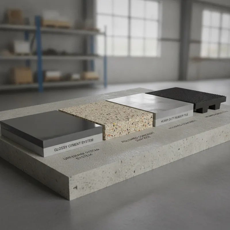 A photorealistic, side-by-side comparison of four industrial flooring cross-sections on a concrete base, presented like a product showcase. From left to right: a glossy, seamless epoxy system; a thick, aggregate-rich urethane cement system; a dense, polished concrete surface showing a hardened sheen; and a thick, interlocking heavy-duty rubber tile. Each section is clearly labeled, and the lighting is clean and bright to highlight the different textures and compositions.